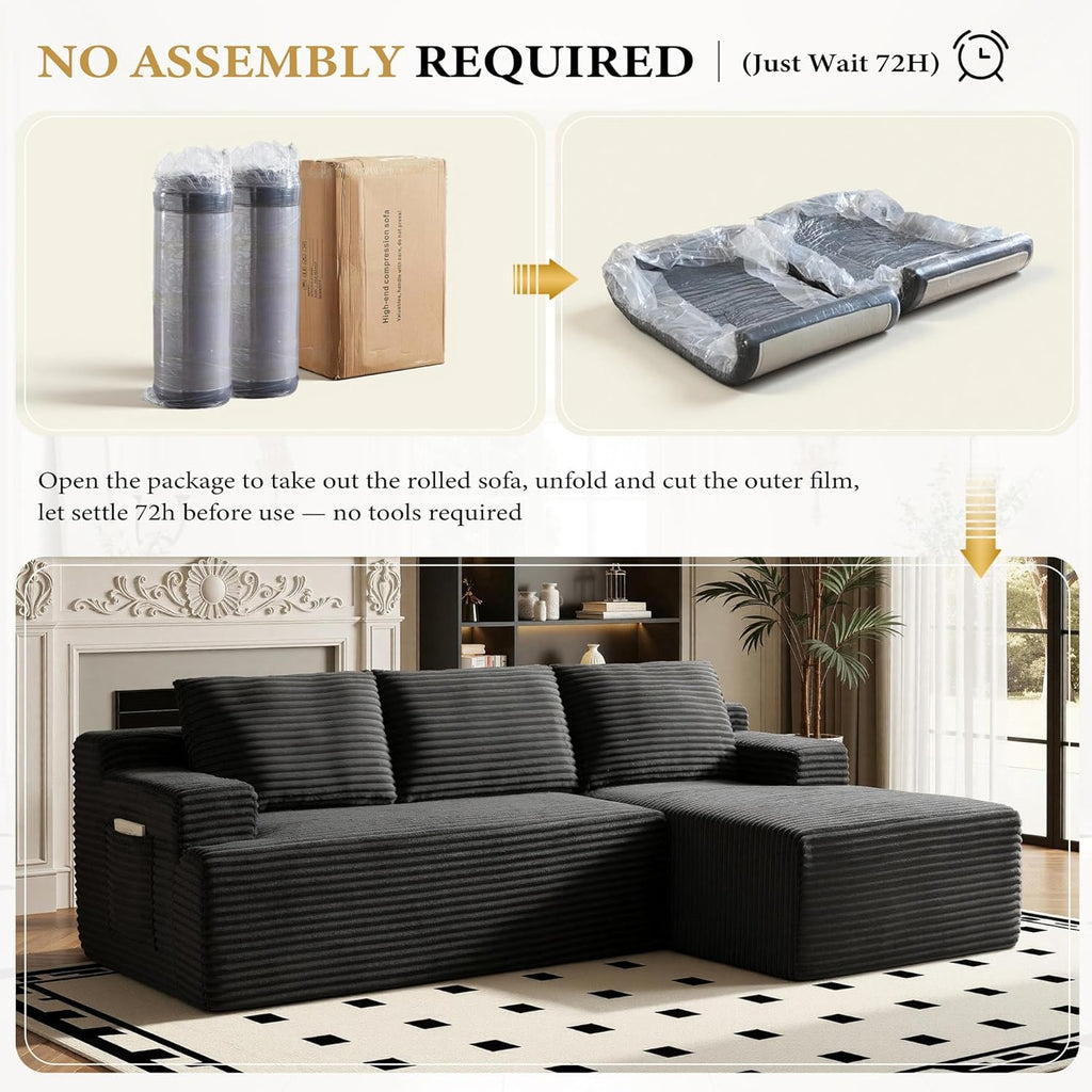 96" Sectional Couches for Living Room Cloud Couch Sofa with L-Shape Upholstered Boneless Couchs Modern Modular Sectional Couch with Chaise (Black, 96" W+Right Facing Chaise+2Seaters)