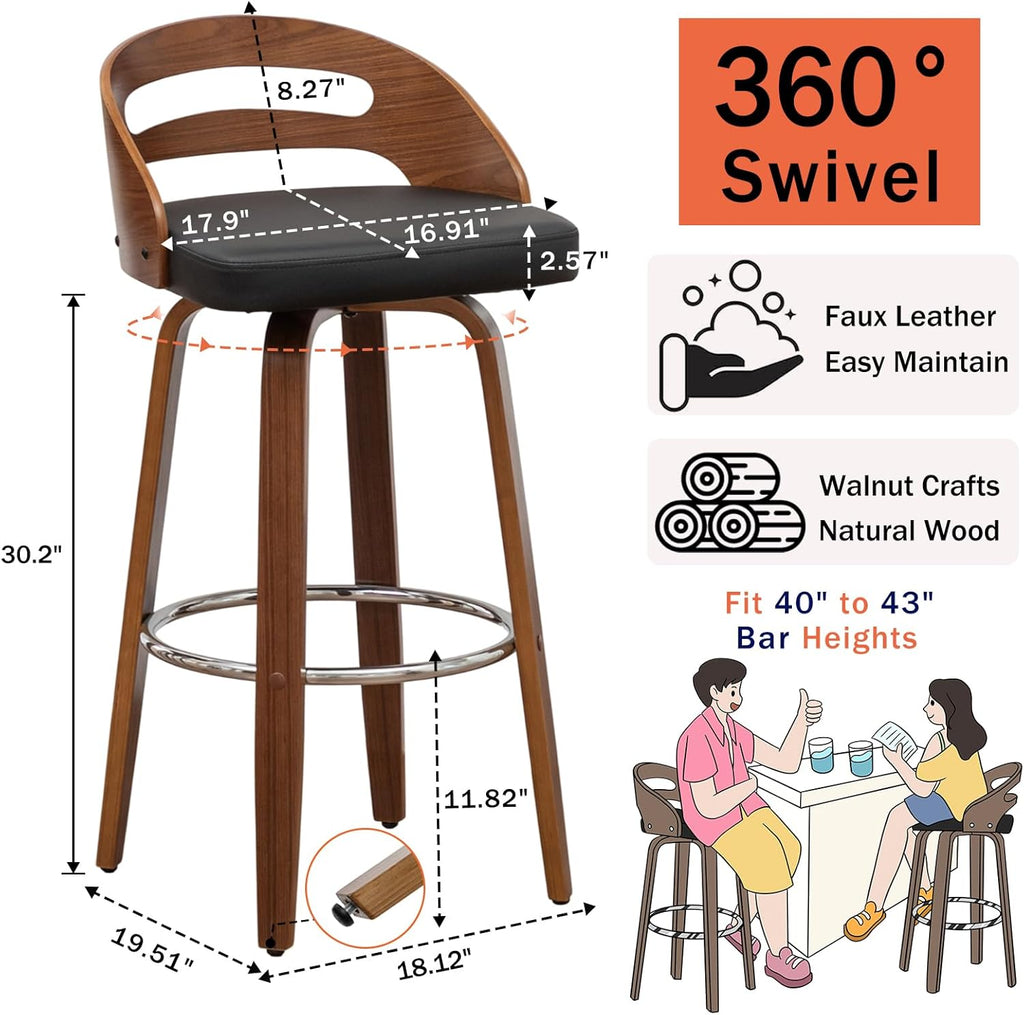 Swivel Bar Stools Set of 3, 30 inch Mid Century Bar Stools with Bentwood Curved Back, Walnut Craftsmanship, Upholstered Faux Leather, Bar Height BarStools for Bar/Cafe/Pub (Black, 30" Seat Height)