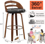 Swivel Bar Stools Set of 3, 30 inch Mid Century Bar Stools with Bentwood Curved Back, Walnut Craftsmanship, Upholstered Faux Leather, Bar Height BarStools for Bar/Cafe/Pub (Black, 30" Seat Height)