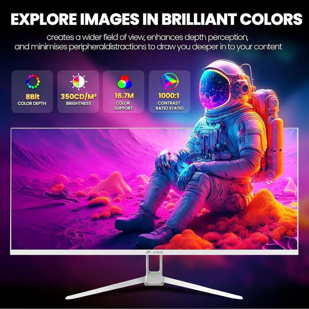 CRUA 34'' Ultrawide Gaming Monitor 120HZ  21:9 WFHD 2560X1080 IPS Panel Computer Monitors with Built-in Speakers  Support AMD FreeSync  120% sRGB  DP1.4 & HDMI1.4  Wall Mountable Installs-White