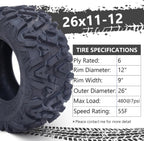 26x12x12 Atv Tires, Set of 2 Atv Tires 26x12-12 6PR, All Terrain Atv/Utv Off-Road Tires, Black