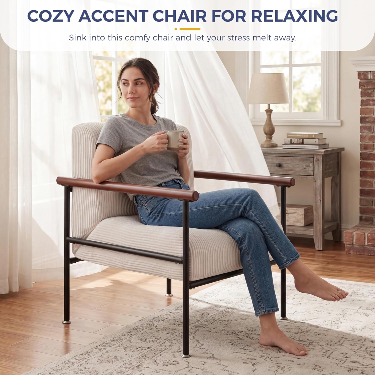 MAXYOYO Living Room Accent Chair, Modern Chair with Sturdy Metal Frame & Wood Armrests, Upholstered Reading Chair with Upholstered Cushion for Bedroom Balcony Porch, Beige
