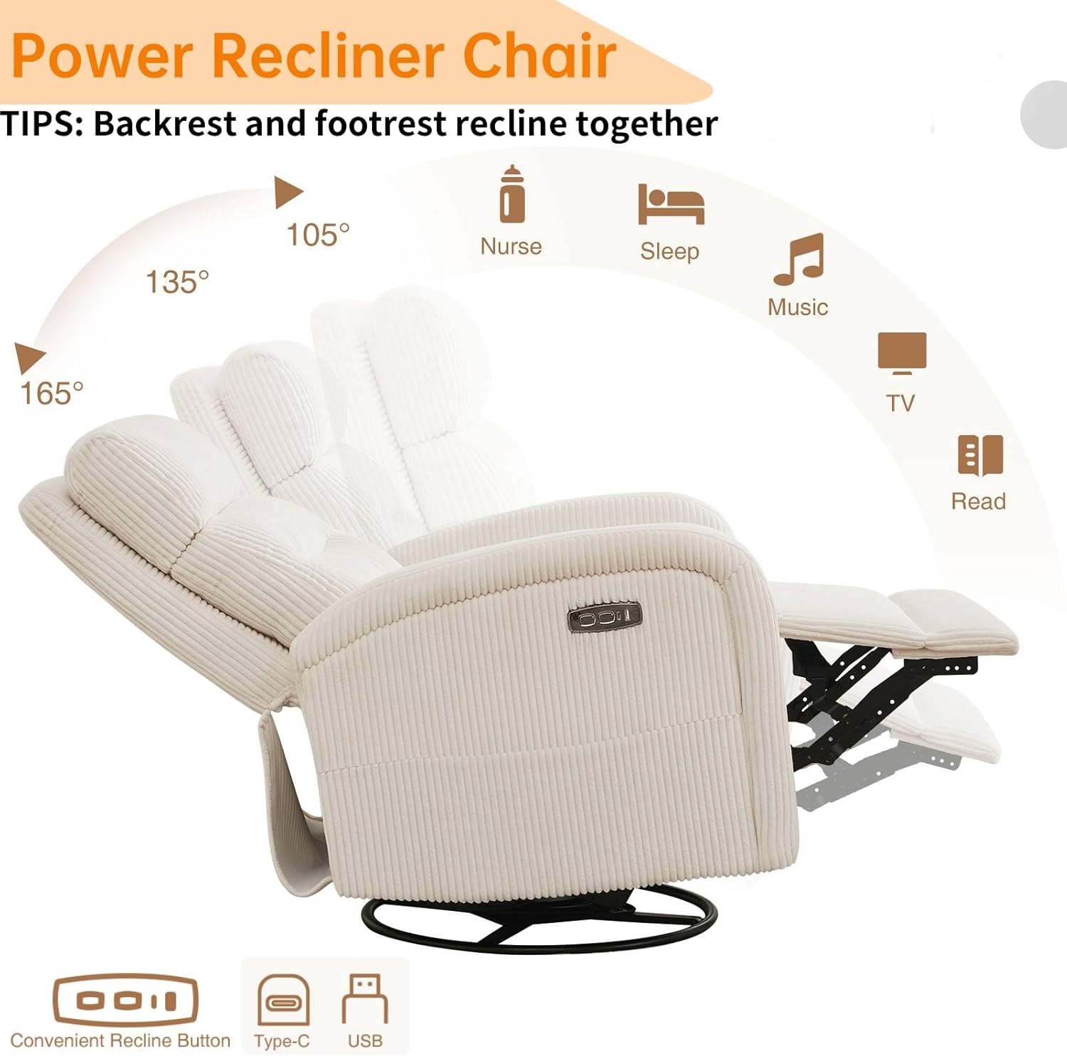 Power Swivel Rocker Recliner Chair for Nursery, Swivel Reclining Rocking Chairs, Electric Swivel Recliner Glider Nursery for Living Room, Upholstered Recliner Chairs for Bedroom, Corduroy White
