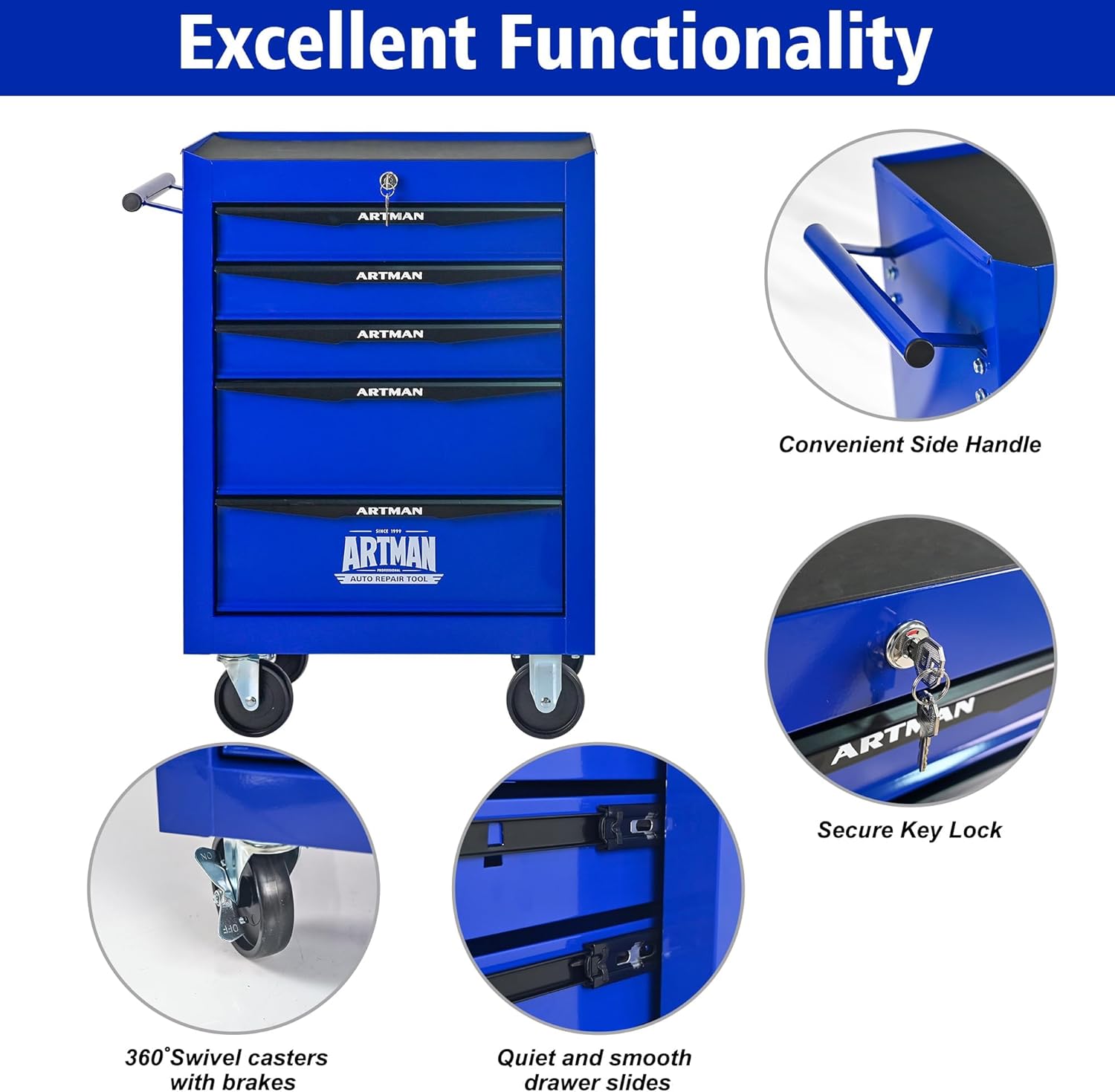 5 Drawers Tool Cart on Wheels, Multifunctional Rolling Tool Chest, Drawers Mobile Trolley Organizer Heavy Duty Tools Box with Locking Wheels & Ball Bearing Drawers (Blue, 5 Drawers)