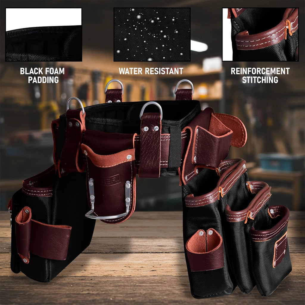 FUERI Electrician's Heavy Duty 26 Pocket Leather-Nylon Tool Belt & Bag Combo for Men, Comfort Back Support Padded Belt, 2 Large Storage Capacity Pouches, Best for Framers, Carpenter, Roofing