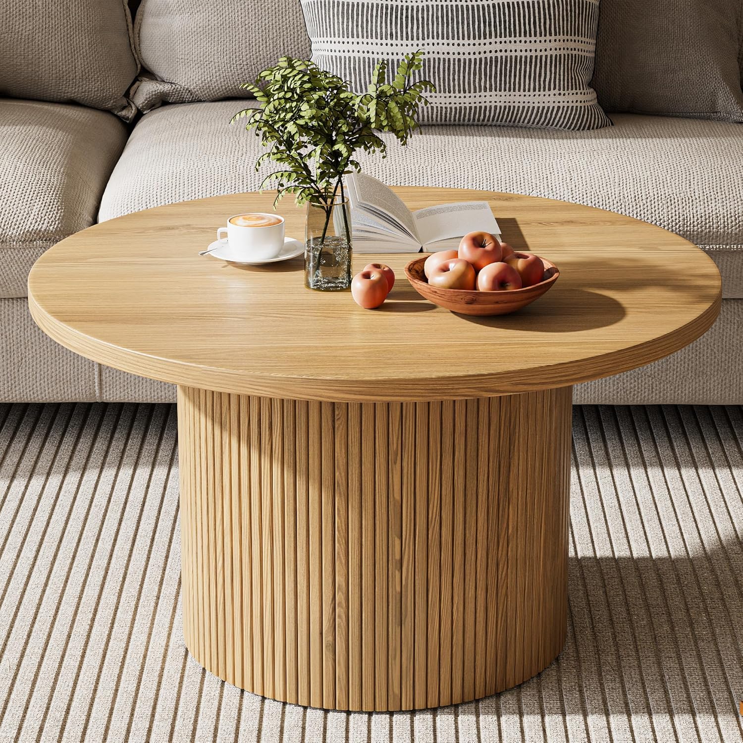 MAISONARIA Round Coffee Table with Metal Frame, 35" Coffee Tables for Living Room, Circle Wood Accent Center Table for Apartment, Oak
