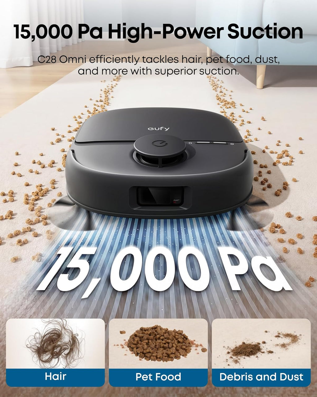eufy Robot Vacuum C28 for Pet Hair, 15,000 Pa Suction, HydroJet™ Self-Cleaning Roller Mop, DuoSpiral Anti-Tangle Brush, All-in-One Auto-Empty Station, AI Obstacle Avoidance