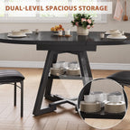 43‘’-57‘’ Extendable Round Dining Table for 4-6, Modern Industrial Kitchen Oval Dining Table with Removable Leaves, Space Saving Pedestal Base with Storage Shelf for Kitchen Living Room (Black)