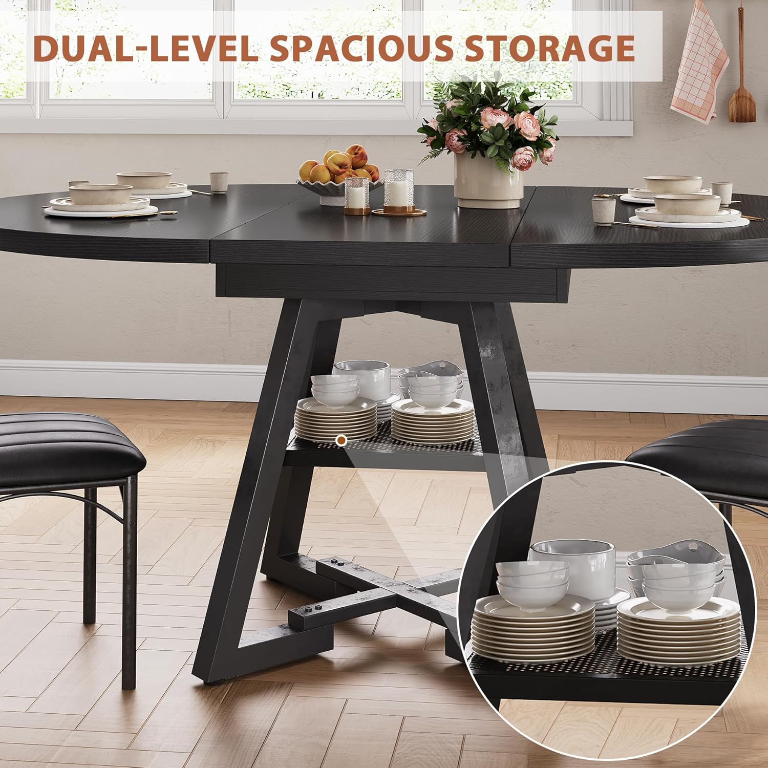 43‘’-57‘’ Extendable Round Dining Table for 4-6, Modern Industrial Kitchen Oval Dining Table with Removable Leaves, Space Saving Pedestal Base with Storage Shelf for Kitchen Living Room (Black)