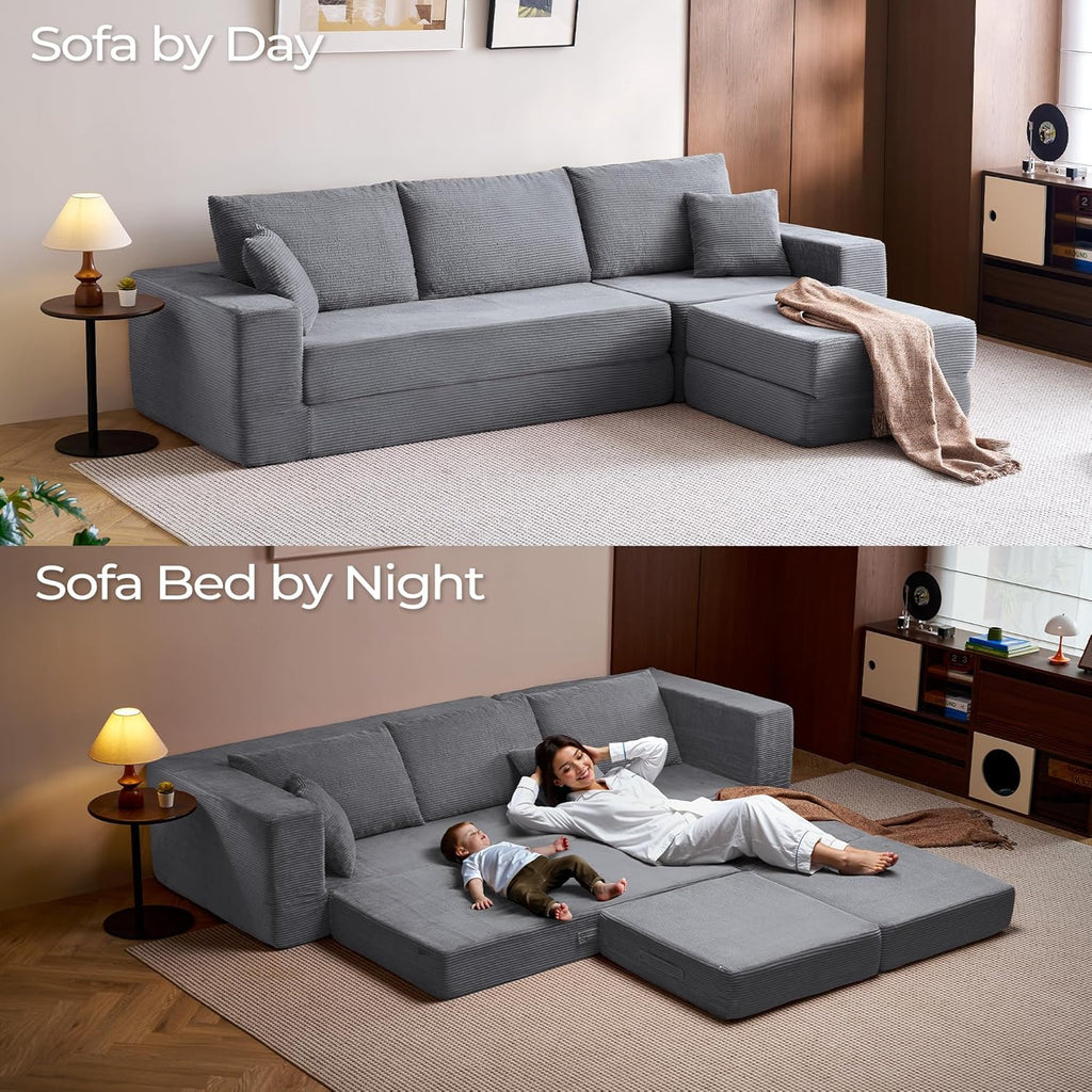 LINSY HOME Oversized Convertible Sofa Bed with 2 Pillows & Ottoman, Corduroy Boneless Couch Folding Modular Sleeper Sofa, L Shaped Couch Floor Sofa for Living Room Apartment, Upgrade Backrest (Grey)