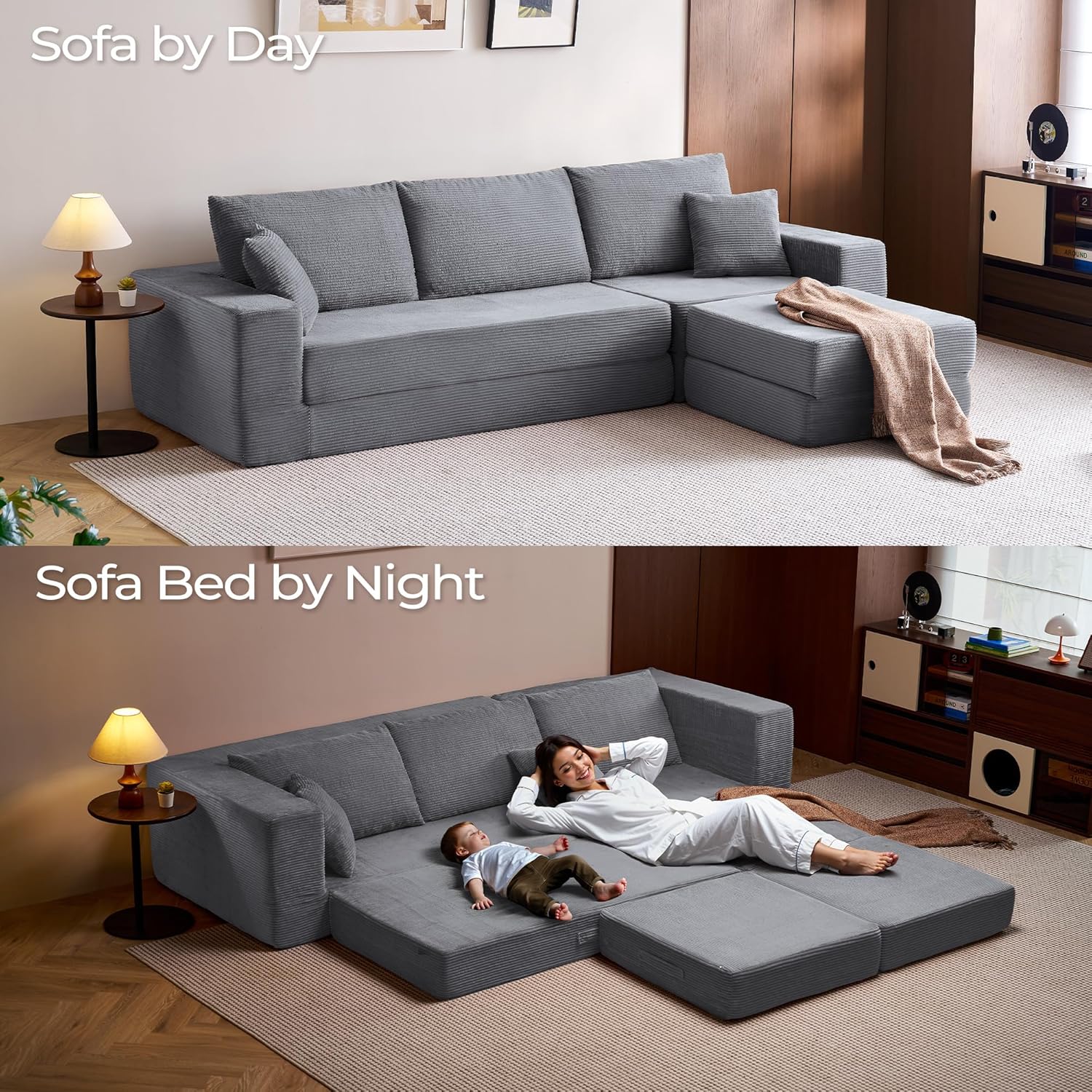 LINSY HOME Oversized Convertible Sofa Bed with 2 Pillows & Ottoman, Corduroy Boneless Couch Folding Modular Sleeper Sofa, L Shaped Couch Floor Sofa for Living Room Apartment, Upgrade Backrest (Grey)