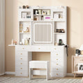 Vanity Desk with Mirror and Light, 47.2''W White Makeup Vanity with Glass Top and 13 Drawers, Fold-up Panel, Modern Vanity Table Set with Stool for Women Girls