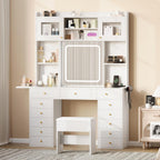 Vanity Desk with Mirror and Light, 47.2''W White Makeup Vanity with Glass Top and 13 Drawers, Fold-up Panel, Modern Vanity Table Set with Stool for Women Girls