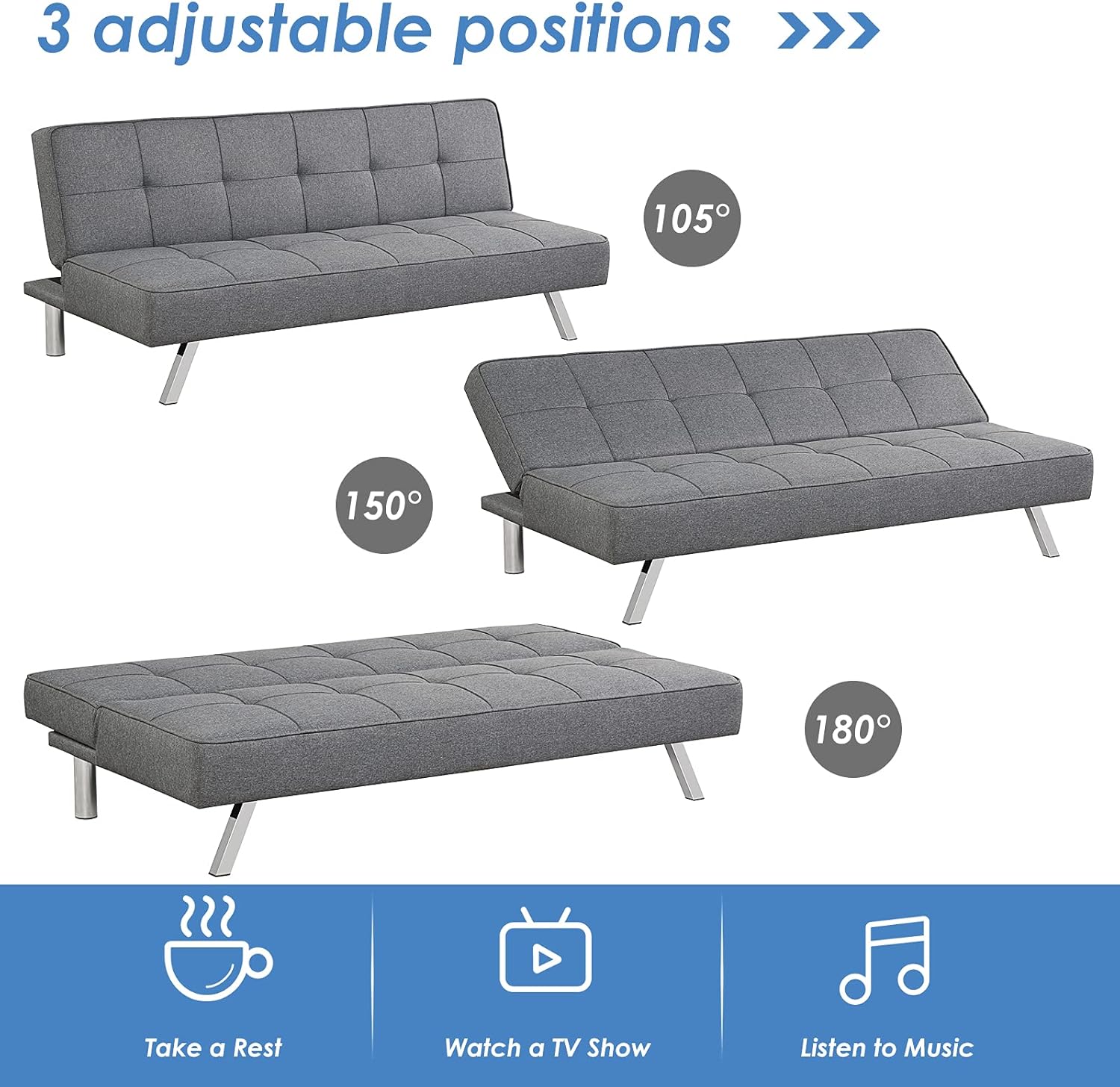 Giantex 3-Seat Convertible Sofa Bed, Sofa Bed w/ 3 Adjustable Angles, Line Fabric & High-Density Sponge, Durable Wood Frame &Sturdy Stainless-Steel Feet, Suitable for Living Room, Bedroom
