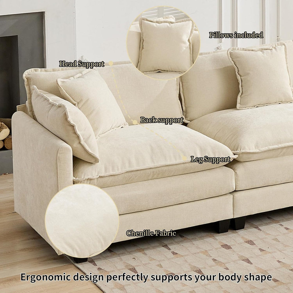 111.5" Beige Modular Sectional Sofa, 3 Seater Large Sectional Couches for Living Room, Ivory Off-White Chenille Fabric Oversized Cloud Couch with Ottoman, Modern Sofas Set, Sofas para Sala, U Shaped