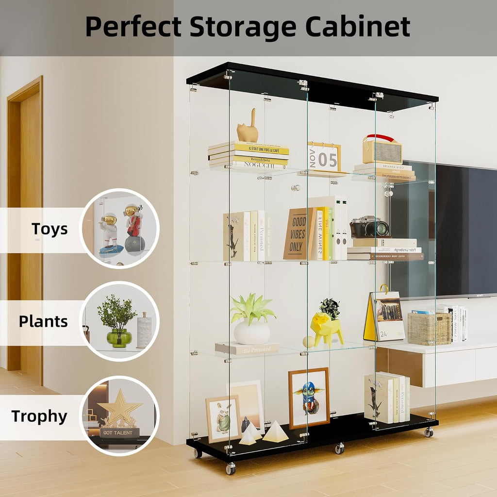LFT HUIMEI2Y Glass Display Cabinet 12 Shelves with 3 Columns 2 Doors and Lock, Extra Large DIY Curio Cabinets Quick-Install Style Tempered Glass Bookshelf for Living Room, Bedroom, Black