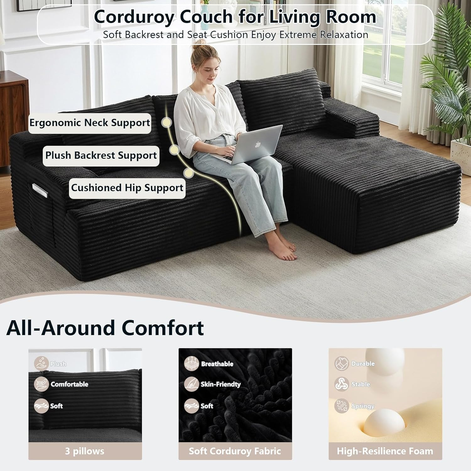 96" Cloud Sectional Couch with L-Shape Chaise, Modular Comfy Sofa Chaise Longue, Upholstered Corduroy Couches Sleeper with Deep Seat for Living Room Bedroom, No Assembly Required(Black, Right Facing)