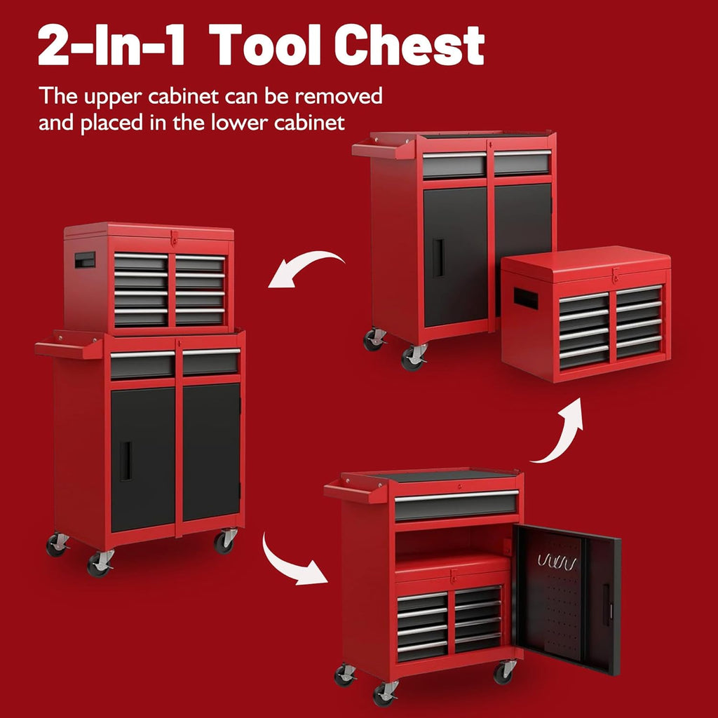 5 Drawers Tool Cart on Wheels with 1 Cabinet, Multifunctional Removable Rolling Tool Chest Storage Set, Tool Trolley Organizer Tool Box for Garage,Warehouse,Workshop,Repair Shop (Red)