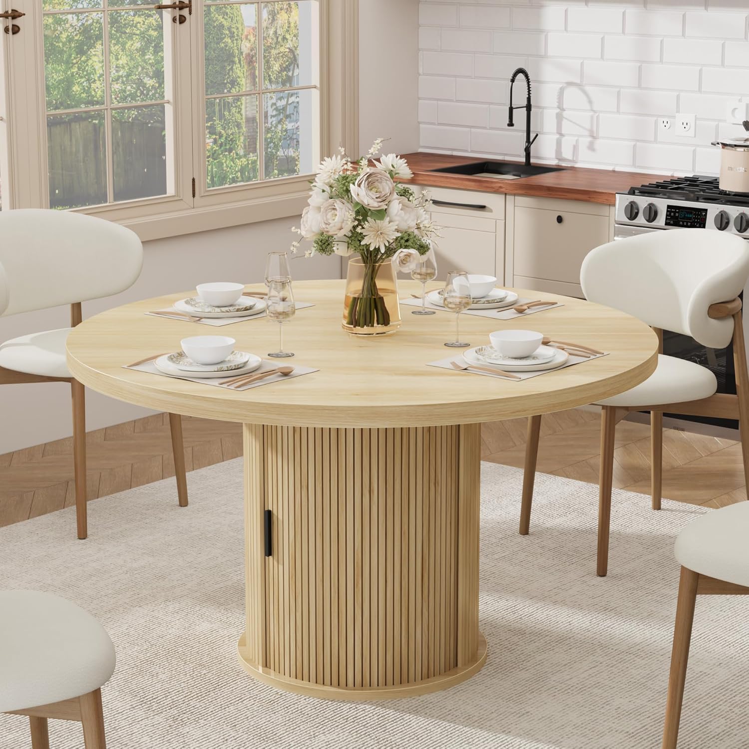 Garvee 47 Inch Round Dining Table for 4, Kitchen Table with 2-Layer Storage Shelf and a Drawer, Farmhouse Circle Dinner Table for Dining Room, Kitchen, Living Room (Table Only), Natural