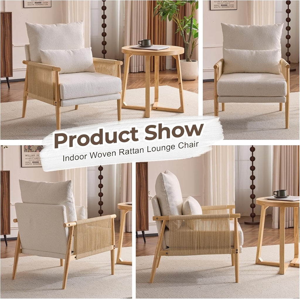 Karl home Cozy Chenille Accent Chair with Lumbar Pillow & Rattan Arms Modern Lounge Chair for Living Room, Bedroom, Reading Nook, Beige