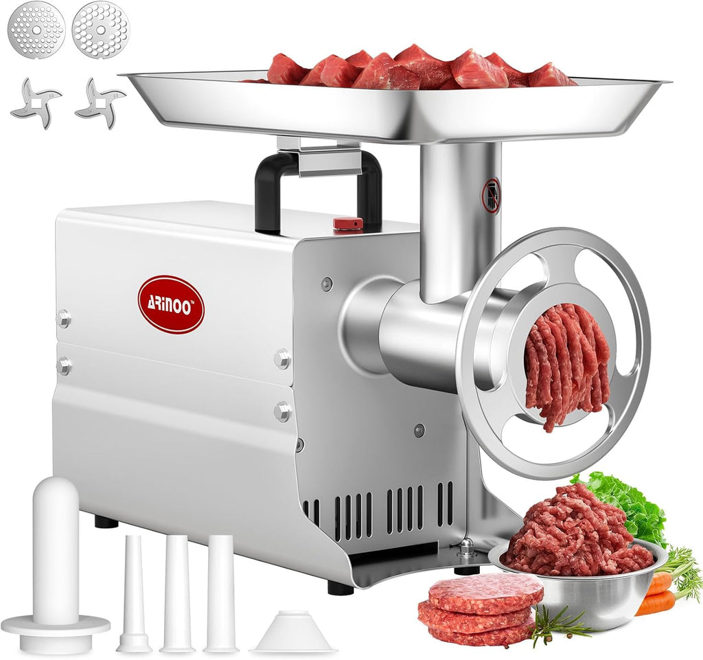 Commercial Electric Meat Grinder #22, 1.2HP Heavy Duty Stainless Steel Meat Mincer with 2 Blades, 2 Plates & 3 Stuffing Tubes,Sausage Stuffer Machine for Home Kitchen & Restaurant Use