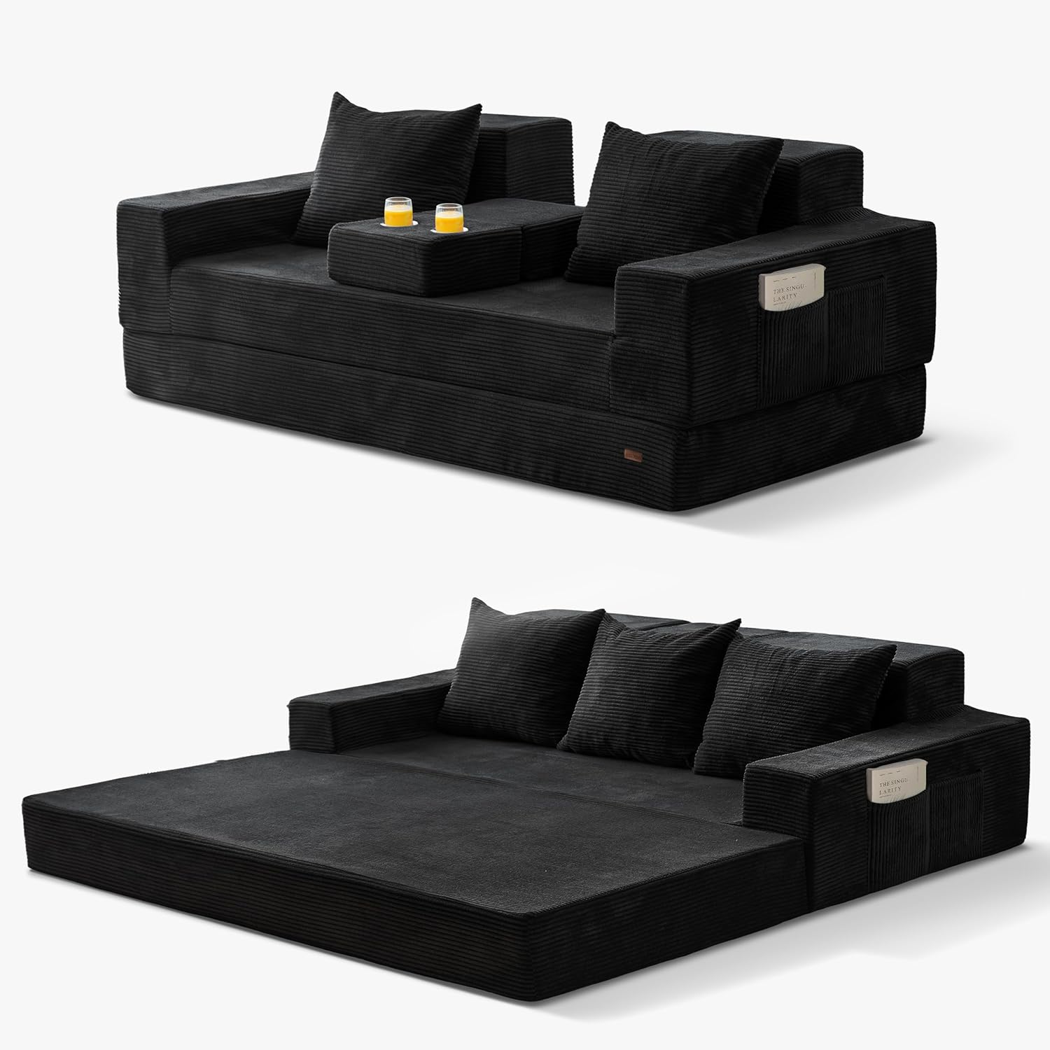MAXYOYO Convertible Sofa Bed, 80" Oversized Boneless Loveseat Couch 4 in 1 Foldable Floor Sofa Couch in A Box with 2 Cup Holders, Folding Sleeper Chair for Living Room, No Assembly Required, Black