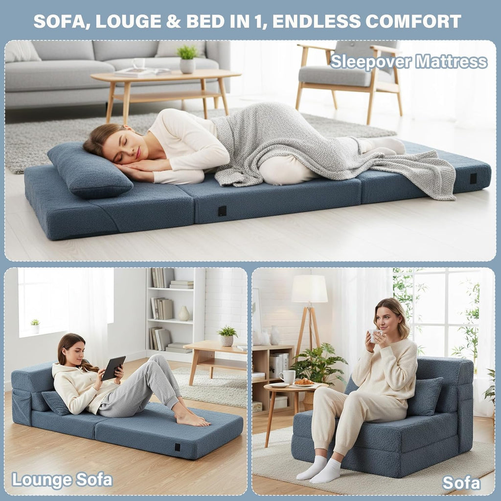 Tiita Convertible Folding Sofa Bed Single Size for Adults with Pillow, Plush Fabric Floor Mattress Couch Bed, Washable Cover & Side Pocket, Guest Room, Dorm, Apartment, Living Room, Blue Gray