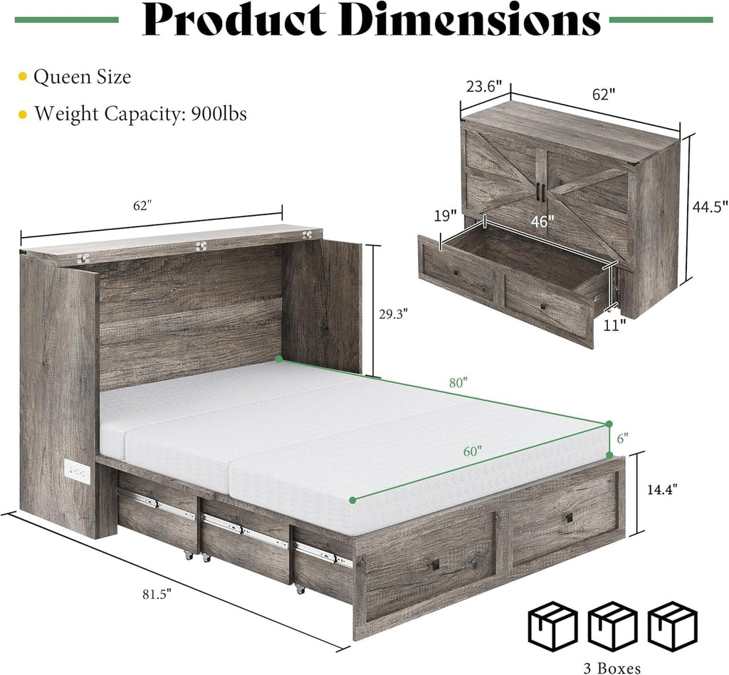 Queen Murphy Bed with 6" White Tri-Fold Memory Foam Mattress, Storage Drawer & Charging Station, Space-Saving Design for Home Office or Guest Room, Rustic Grey
