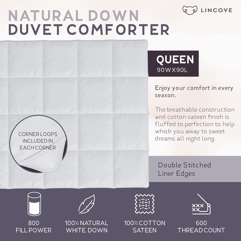 Lincove Canadian Down Comforter – Extremely Soft and Lightweight Duvet Insert – Corner Loops in Each Corner, 600 Thread Count - 100% Cotton Sateen Shell, Queen