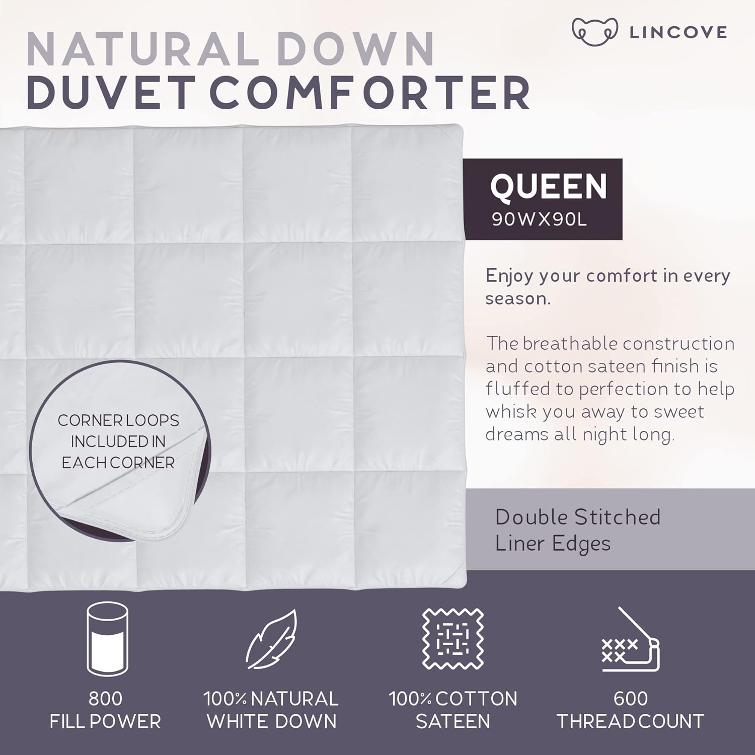 Lincove Canadian Down Comforter – Extremely Soft and Lightweight Duvet Insert – Corner Loops in Each Corner, 600 Thread Count - 100% Cotton Sateen Shell, Queen