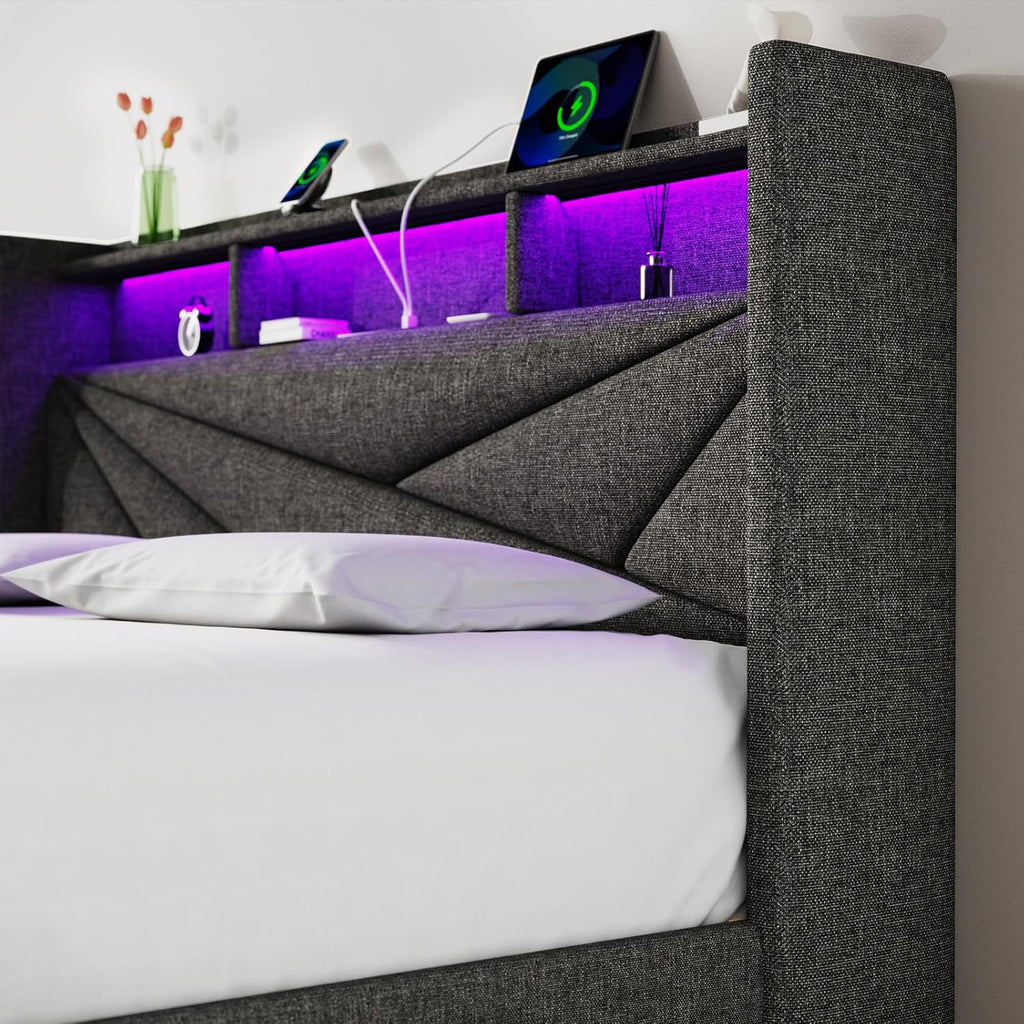 King Size Bed Frame with 4 Storage Drawers, Upholstered King Bed Frame with Charging Station and LED Lights Headboard, No Box Spring Needed, Easy Assembly - Dark Grey