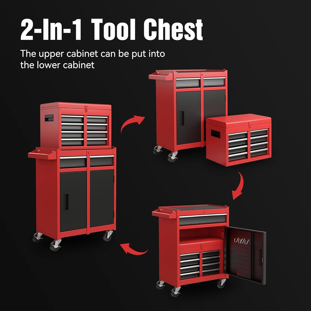 5-Drawer Rolling Tool Chest & Cabinet With Detachable Top Box - Heavy-Duty Metal Tool Cart With 4 Hooks, Lockable Drawers & 4 Wheels For Garage, Workshop, And Automotive Organization, (Red)