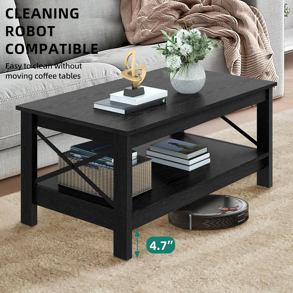 YITAHOME Coffee Table for Living Room, Modern Farmhouse Coffee Table with Storage, 2-Tier Center Table Wood Living Room Table Accent Cocktail with Sturdy Frame, Black
