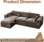 115''Cloud Boneless Sectional Couch, Modular Sectional Sofa Deep Seat with Ottoman, Oversized Upholstered Convertible Comfy 4 Seater Chenille Sofa L Shape Couches for Living Room, Brown