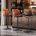 Swivel Bar Stools Set of 3, Bar Stools for Kitchen Island with Bentwood Back and Leather Seat, Counter Height Barstools for Kitchen Counter, Bar, Brown