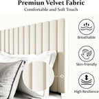 King Size Bed Frame with Velvet Upholstered Headboard, Platform Bed with Strong Wood Slats, Mattress Foundation, Box Spring Optional, Easy Assembly, Beige