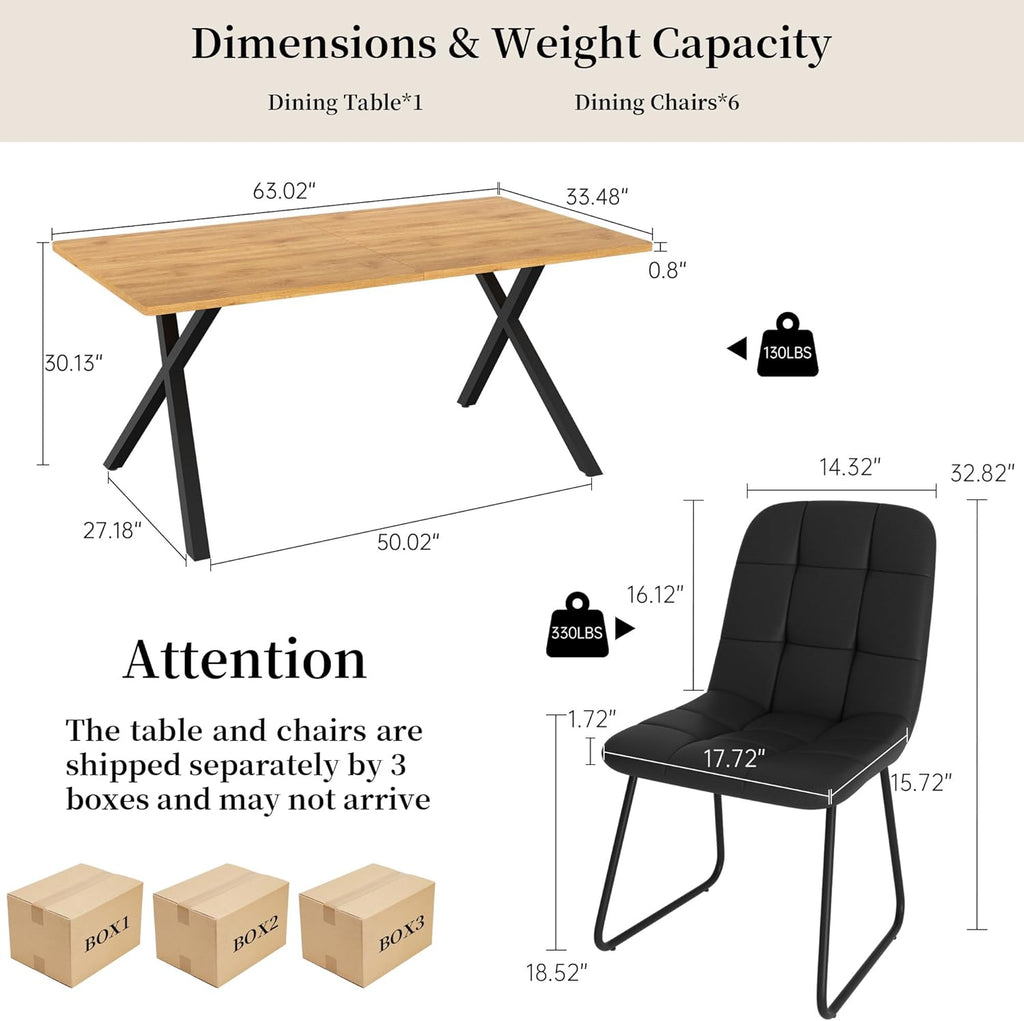 7-Piece Dining Table Set for 6 People, 63" MDF Kitchen Table with 6 Upholstered Chairs, Metal Legs for Dining Room, Kitchen(Oak Table+6 U-Shaped Black Chairs)