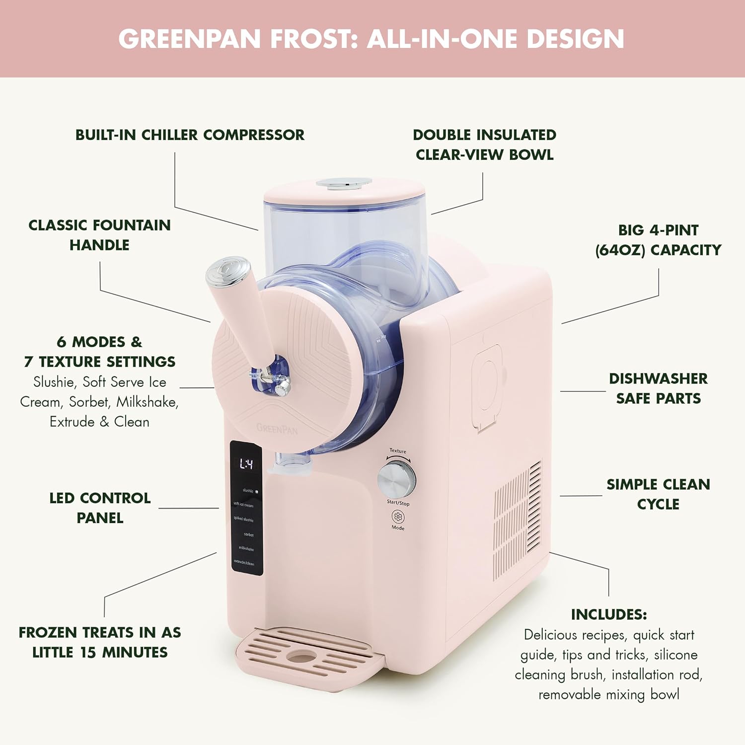 GreenPan Frost Ice Cream Maker & Slushie Machine, Soft Serve, Sorbet, Margaritas, Milkshakes, Frozen Yogurt, No Pre-Freezing, Ready in 15 Mins, 6 Modes, 7 Textures, Self-Cleaning, Family Size, Pink