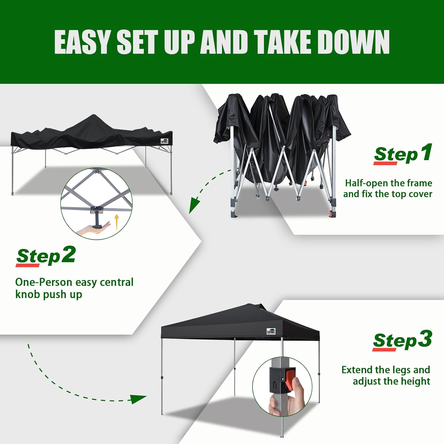 Eurmax USA NOMATTER ONE-Person Open&Close 10x10ft Pop Up Canopy Tent .Portable Shelter Canopy for Outdoor Events .Instant Canopies  Temporary Sunshade Bonus 4 Sand Bags(Black)