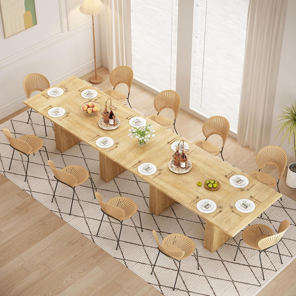78 Inch Rectangular Dining Table for 6 to 10, Farmhouse Fluted Dining Kitchen Table, Modern Wood Long Dining Table for Kitchen Living Room, Natural