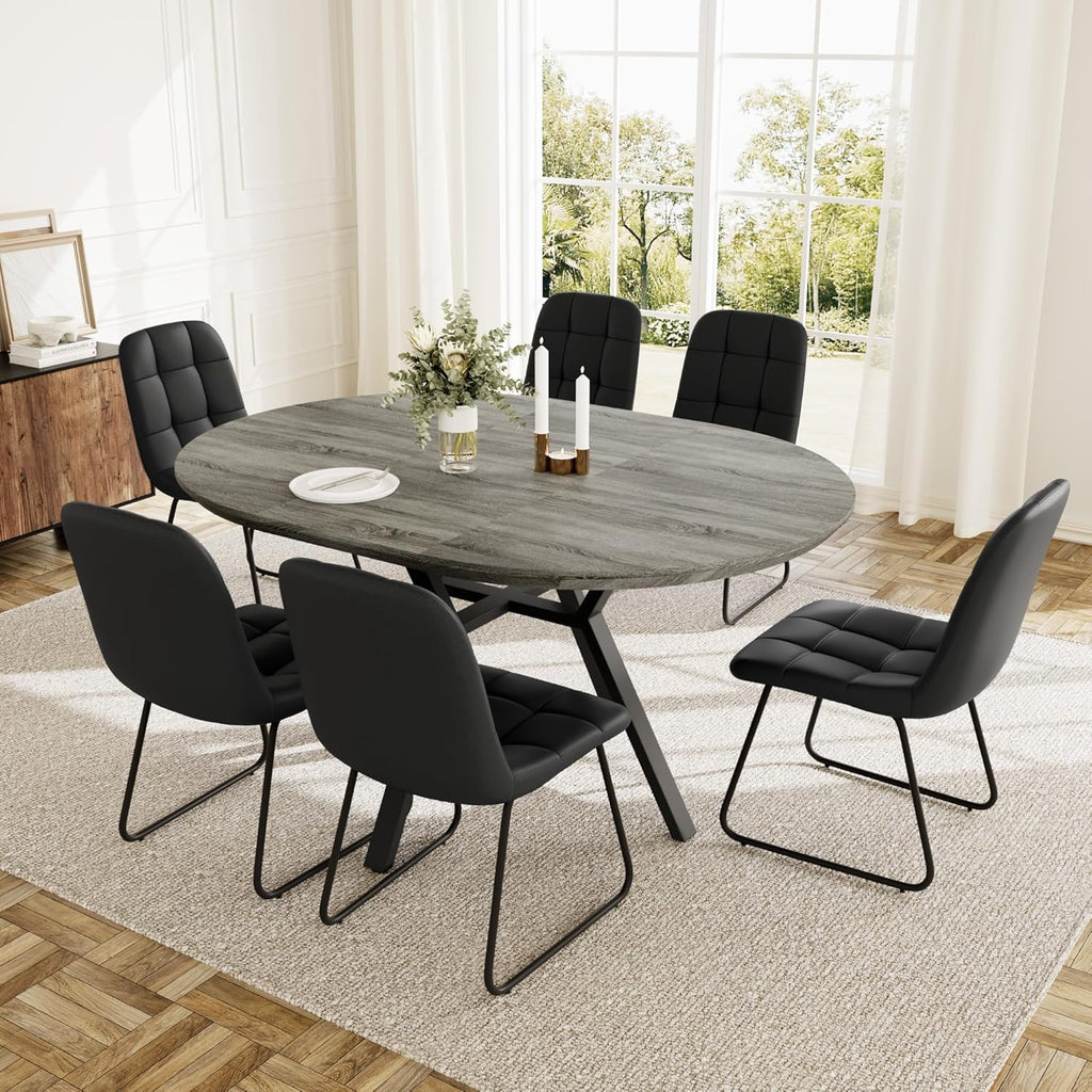 Extendable Round Dining Table Set for 6 People, 43.3"-59.1" Extendable Kitchen Table with 6 Upholstered Chairs, Space Saving for Kitchen Dining Room (Grey Table+6 U-Shaped Black Chairs)