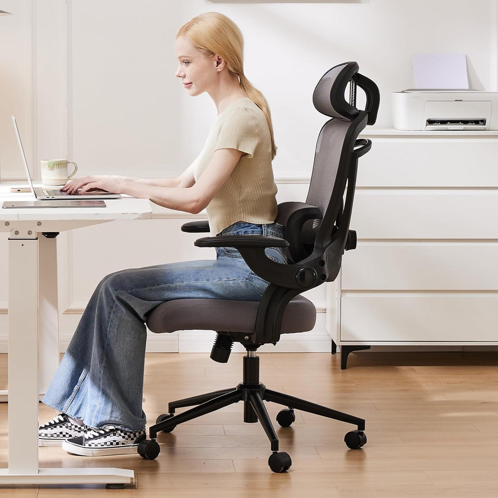 Sweetcrispy Ergonomic Desk Chair Office Chair, 300 LBS Home Mesh Office Desk Chairs with Wheels, 2D Headrest, Up&Down Lumbar Support, Swivel High Back Computer Chair with Flip-up Armrests,Dark Grey