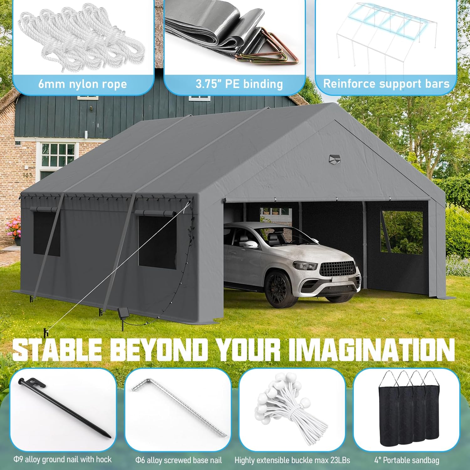 Carports Canopy Heavy Duty, Portable Garage with Sidewalls (20x20, Grey)