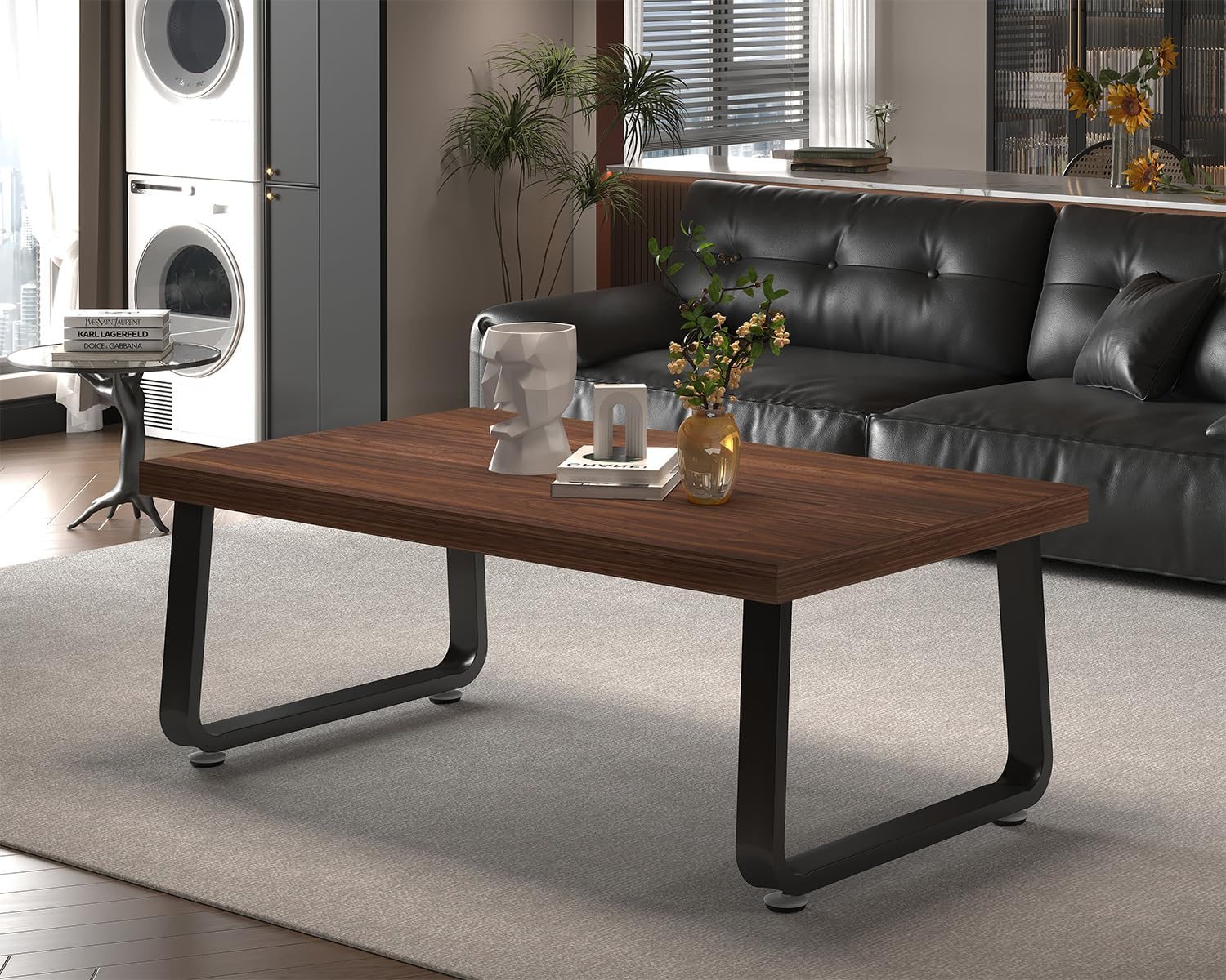HSH Rustic Walnut Coffee Table, 39” Mid Century Modern Center Table, Rectangle Industrial Living Room Coffee Table, Simple Farmhouse Wood and Metal Tea Coffee Tables for Home Bedroom, Walnut, 39 in