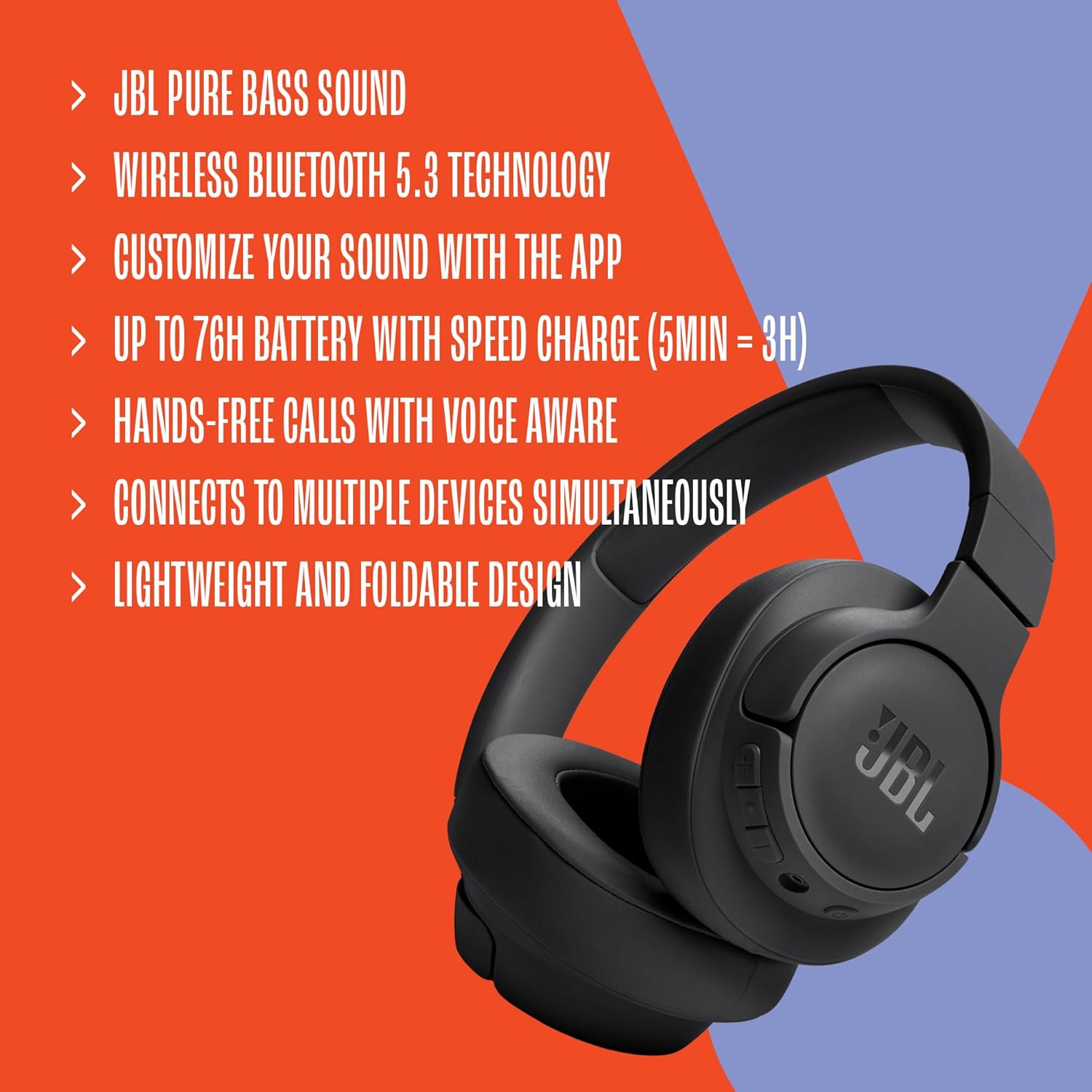 JBL Tune 720BT - Wireless Over-Ear Headphones with JBL Pure Bass Sound, Bluetooth 5.3, Up to 76H Battery Life and Speed Charge, Lightweight, Comfortable and Foldable Design (White)