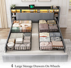 EnHomee King Size Bed Frame with 4 Storage Drawers, Upholstered Platform King Bed Frame with Multi-Tier Storage Headboard & LED Lights & Charging Station, No Noise, No Box Spring Needed, Grey