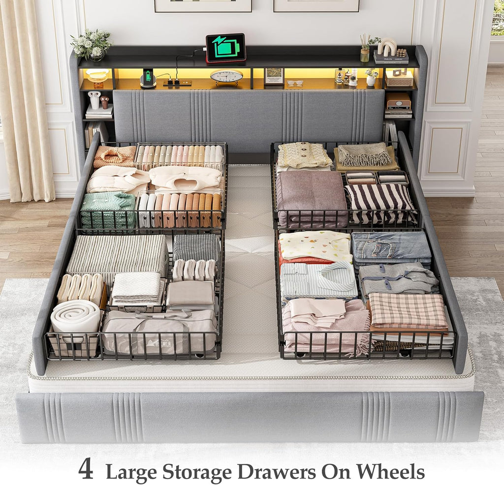 EnHomee King Size Bed Frame with 4 Storage Drawers, Upholstered Platform King Bed Frame with Multi-Tier Storage Headboard & LED Lights & Charging Station, No Noise, No Box Spring Needed, Grey