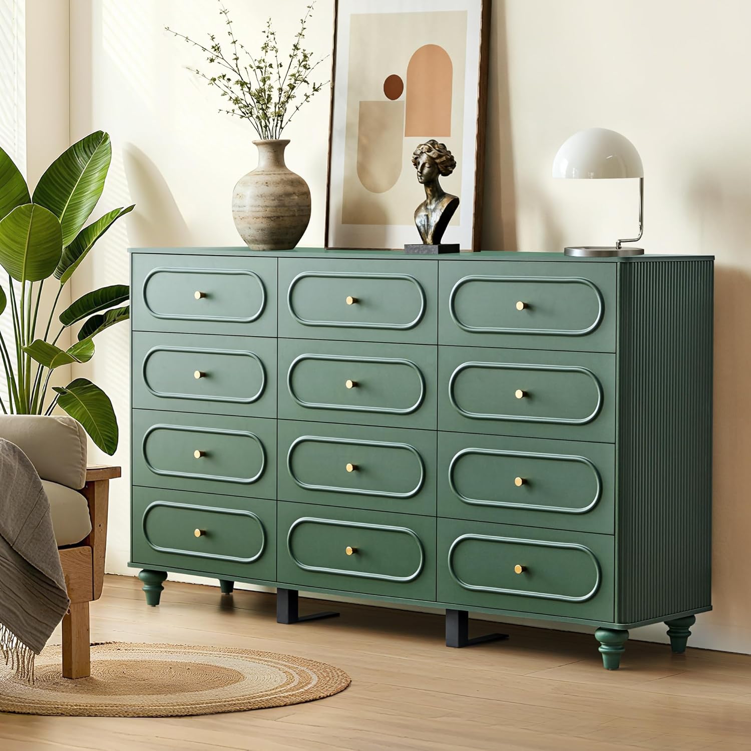 ORRD 12 Drawer Fluted Dresser for Bedroom, Mid Century Modern Chest of Drawers, Wood Storage Small Dresser Organizer for Bedroom Living Room Hallway Closet, Green