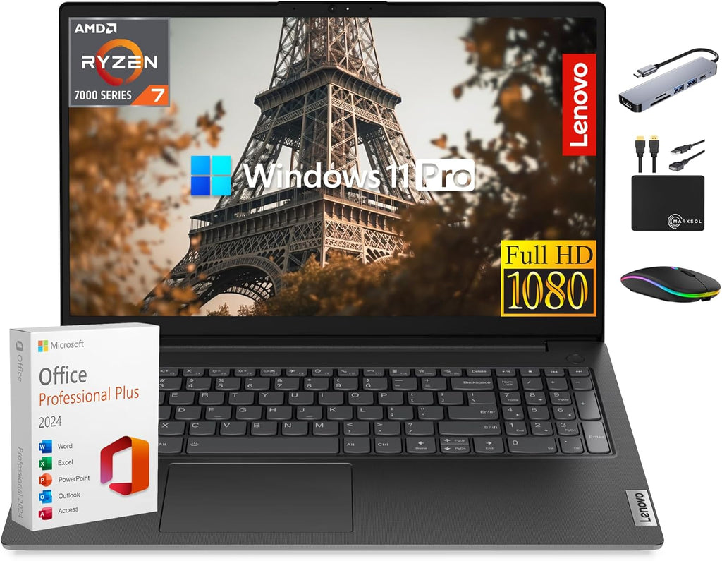 Lenovo V15 Business Laptop Premium  15.6” FHD Display  Lifetime MS Office  8-Core AMD Ryzen 7 7730U  24GB RAM  1TB Storage (512GB SSD + 500GB Ext)  Wi-Fi 6  RJ-45 NumPad  MarxsolAccessory  Win 11 Pro