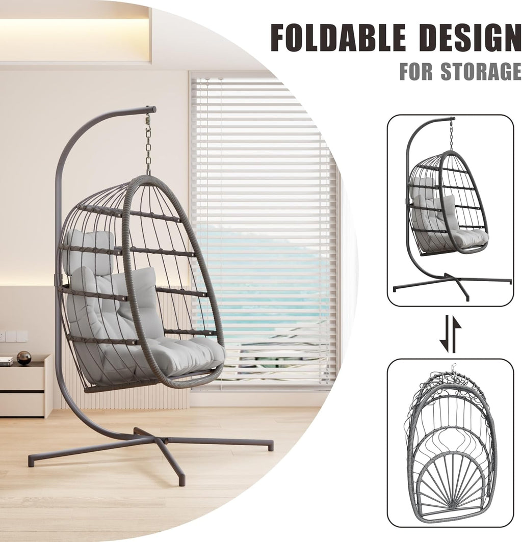 HWB Hanging Egg Chair with Stand, Swing Hammock Chair with Cushion for Indoor Outdoor, Patio Wicker Egg Swing Chair for Balcony Furniture, Light Gray